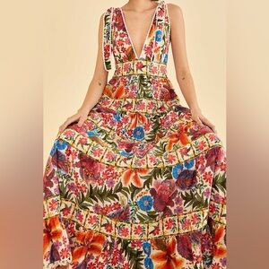 Farm Rio off-white tropical yard sleeveless maxi dress